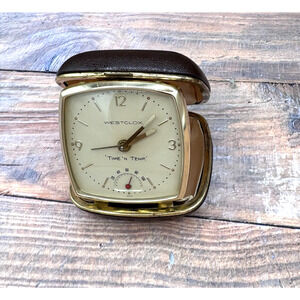 Vintage Westclox 'Time 'N Temp' Folding Travel Alarm Clock Leather Case Works!